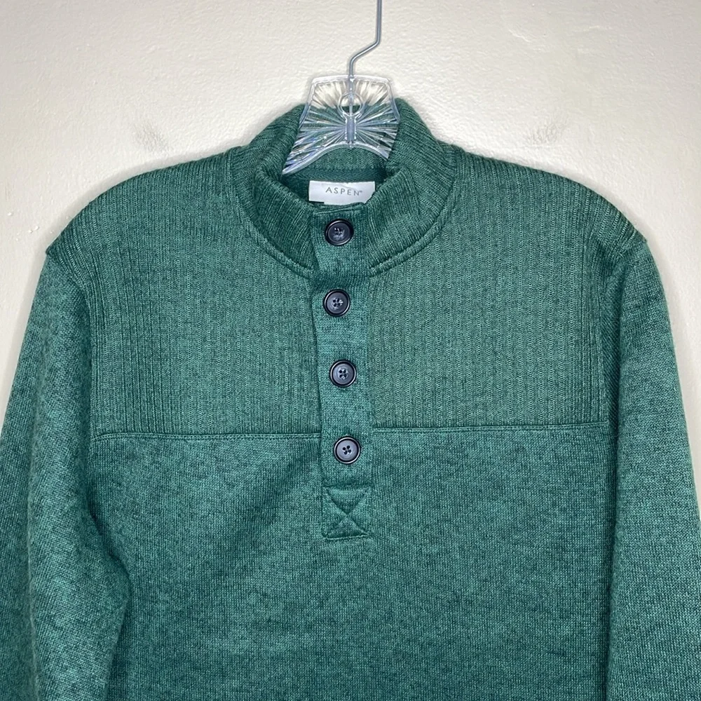 ASPEN Sweater Green Quarter Button Ski Outdoorsman Mock Neck Grandpa Preppy Med